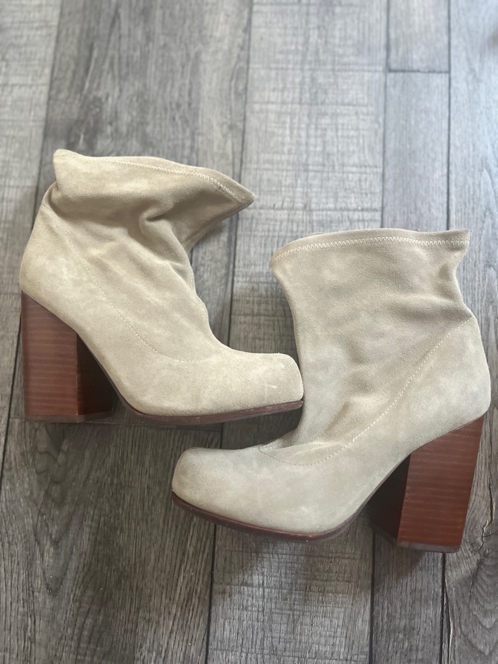 Jeffrey Campbell suede ankle boot, wood block heel, 8
